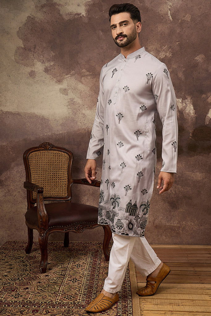Grey Silk Blend Solid Embroidered Straight Kurta and Trouser MKSET1326