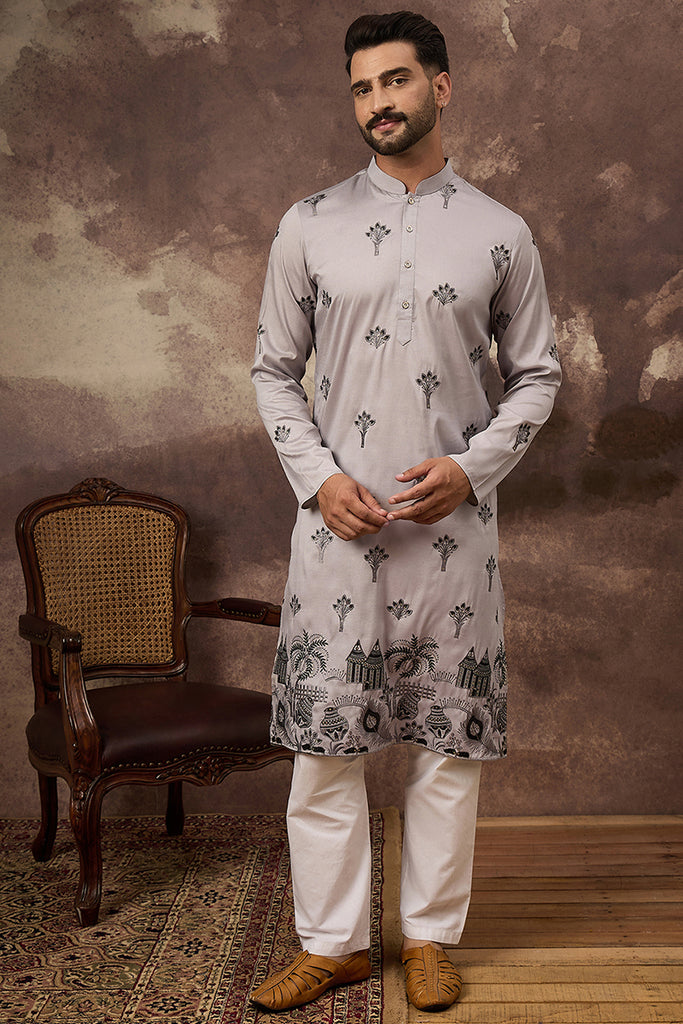 Grey Silk Blend Solid Embroidered Straight Kurta and Trouser MKSET1326
