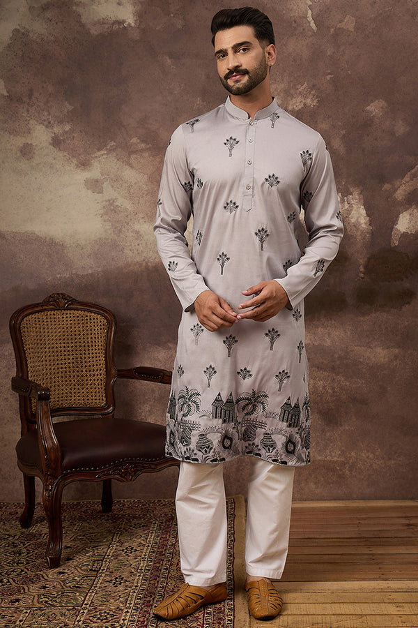 Grey Silk Blend Solid Embroidered Straight Kurta and Trouser MKSET1326