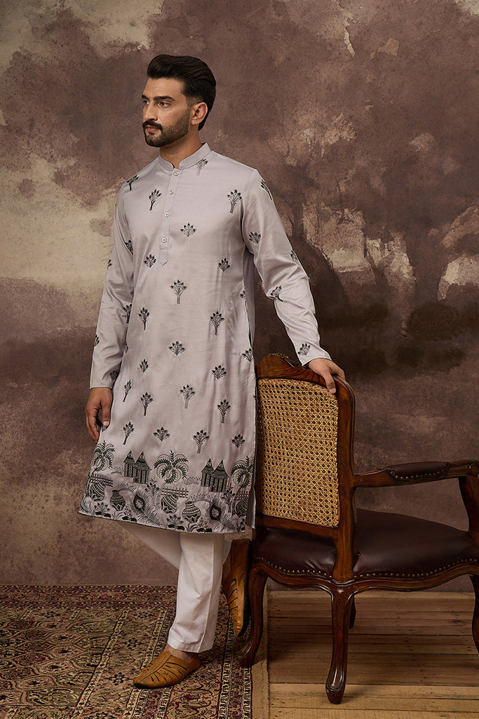 Grey Silk Blend Solid Embroidered Straight Kurta and Trouser MKSET1326