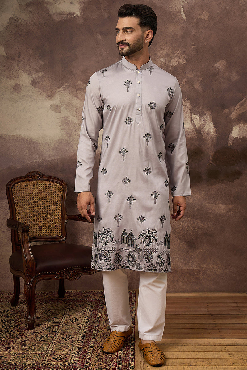 Grey Silk Blend Solid Embroidered Straight Kurta and Trouser MKSET1326