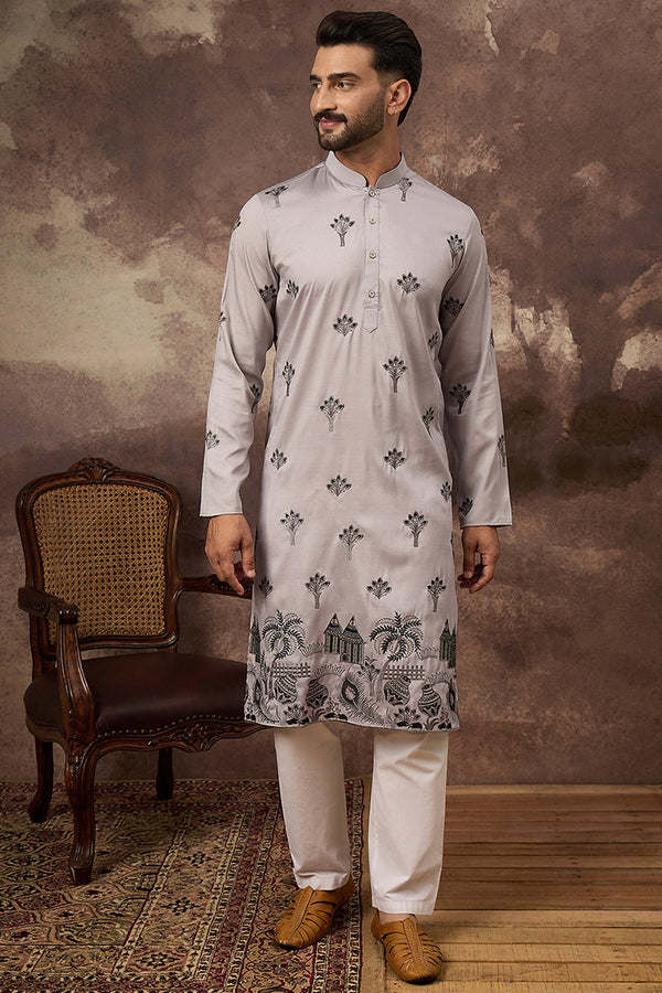 Grey Silk Blend Solid Embroidered Straight Kurta and Trouser MKSET1326