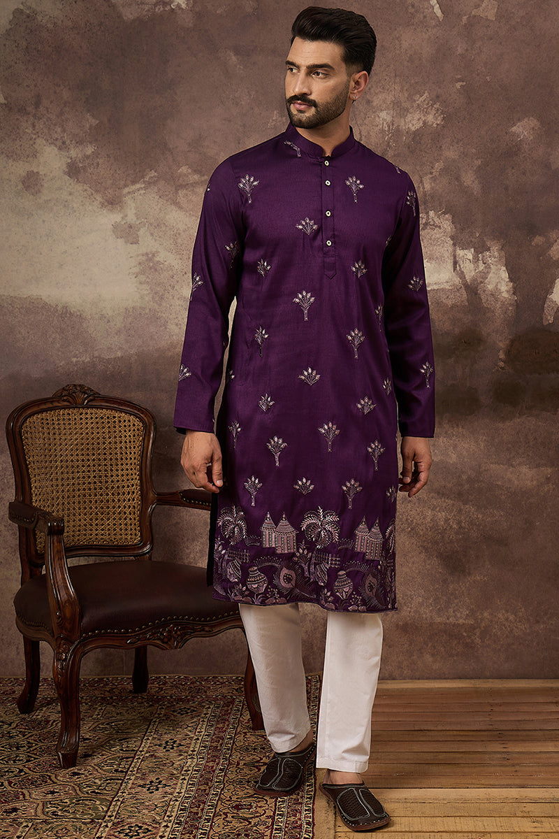 Purple Silk Blend Solid Embroidered Straight Kurta and Trouser MKSET1327