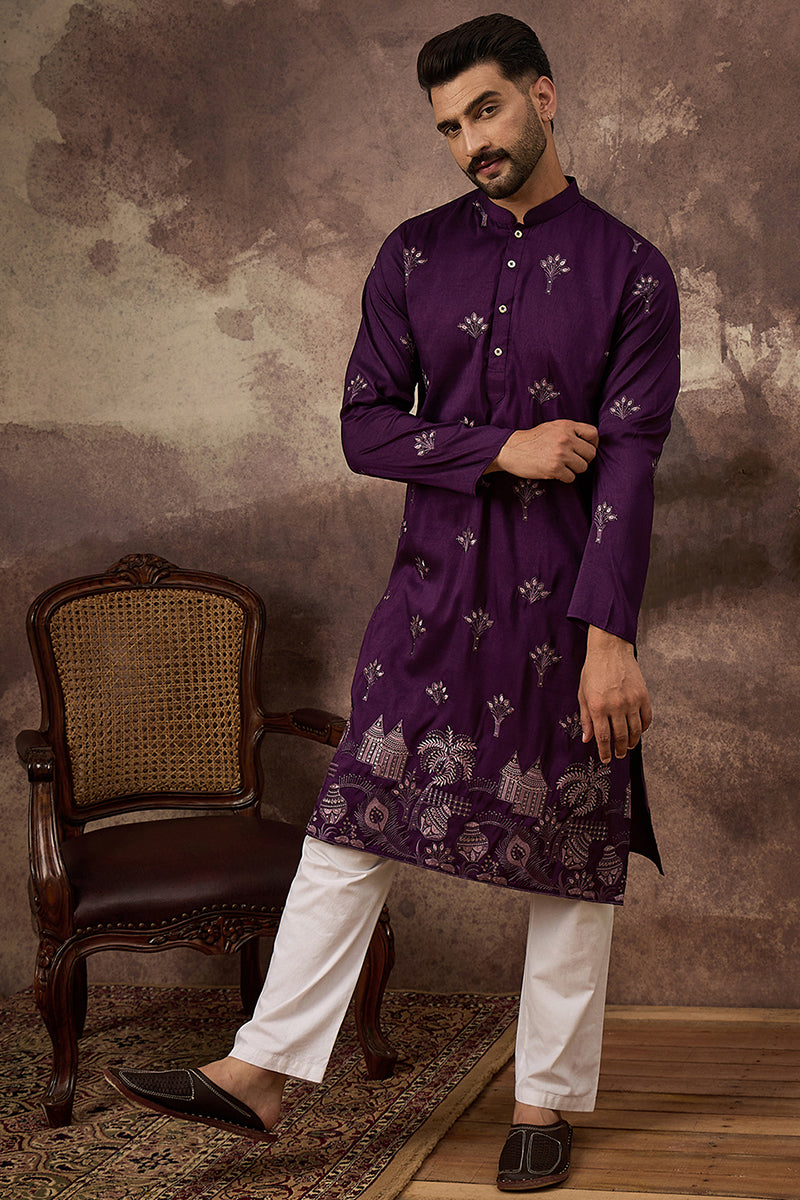 Purple Silk Blend Solid Embroidered Straight Kurta and Trouser MKSET1327
