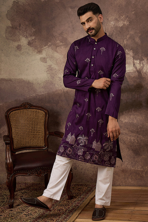 Purple Silk Blend Solid Embroidered Straight Kurta and Trouser MKSET1327