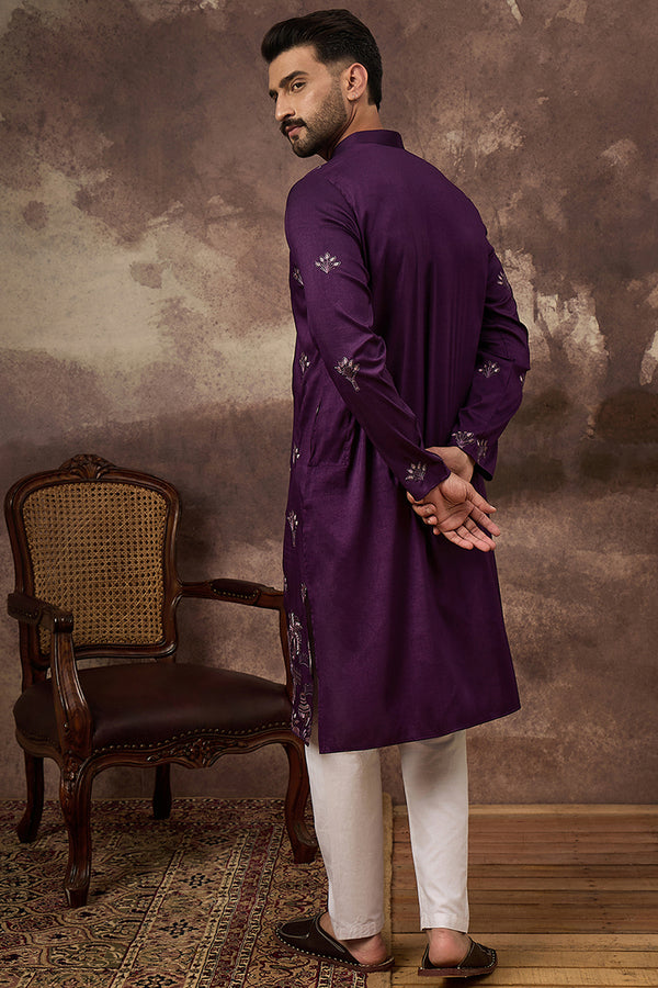 Purple Silk Blend Solid Embroidered Straight Kurta and Trouser MKSET1327