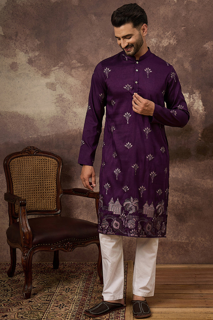 Purple Silk Blend Solid Embroidered Straight Kurta and Trouser MKSET1327