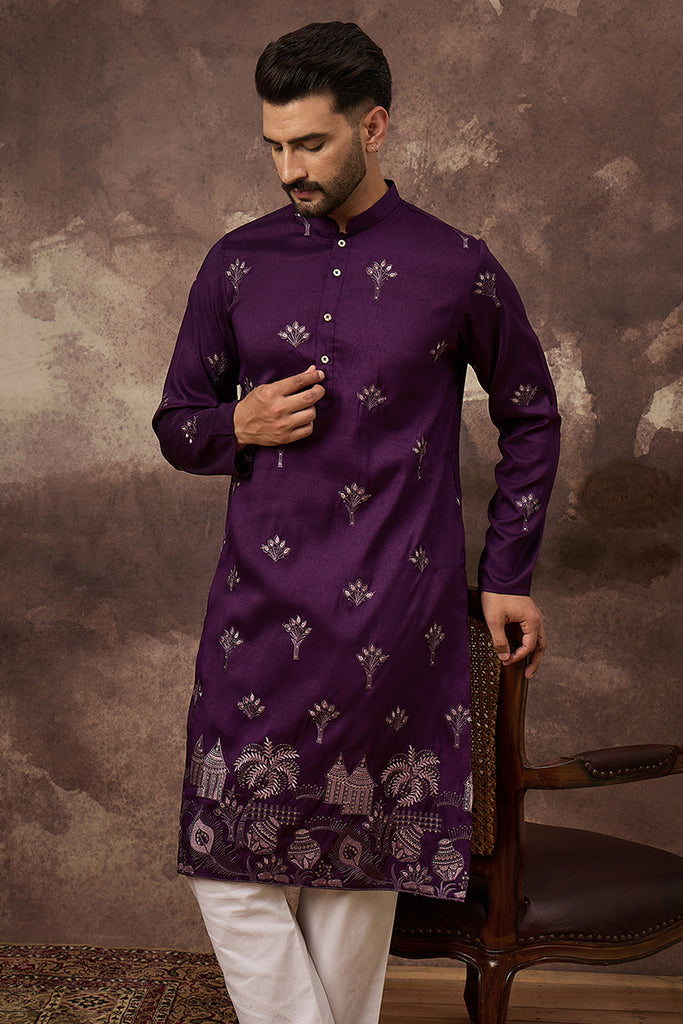 Purple Silk Blend Solid Embroidered Straight Kurta and Trouser MKSET1327