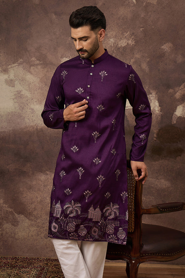 Purple Silk Blend Solid Embroidered Straight Kurta and Trouser MKSET1327