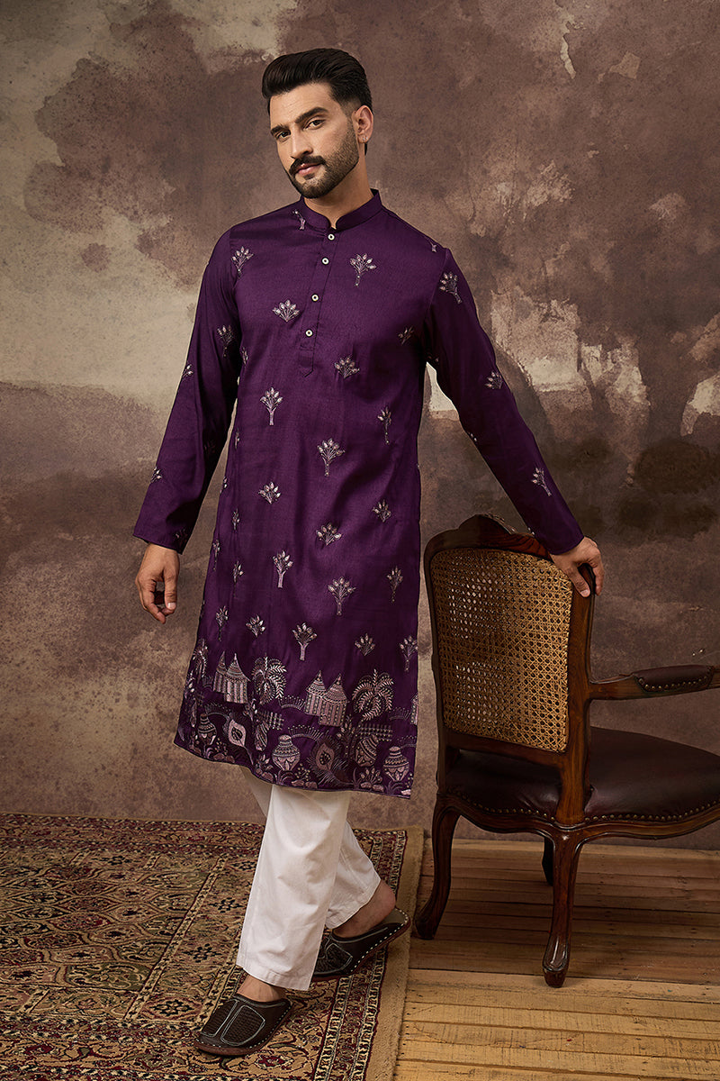 Purple Silk Blend Solid Embroidered Straight Kurta and Trouser MKSET1327
