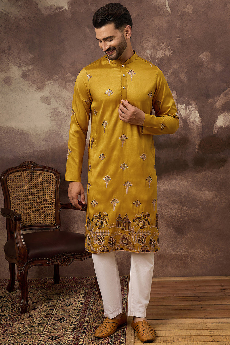 Yellow Silk Blend Solid Embroidered Straight Kurta and Trouser MKSET1328