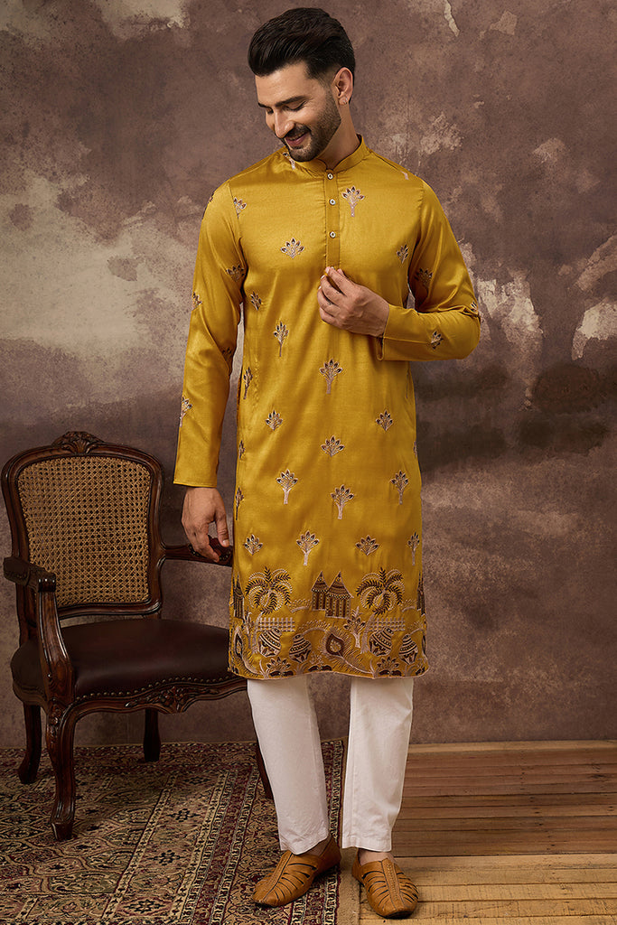 Yellow Silk Blend Solid Embroidered Straight Kurta and Trouser MKSET1328