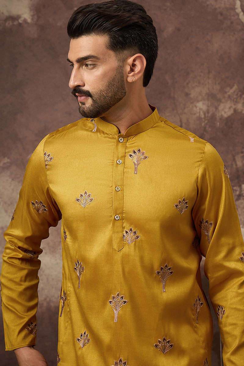 Yellow Silk Blend Solid Embroidered Straight Kurta and Trouser MKSET1328