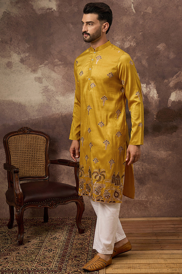 Yellow Silk Blend Solid Embroidered Straight Kurta and Trouser MKSET1328