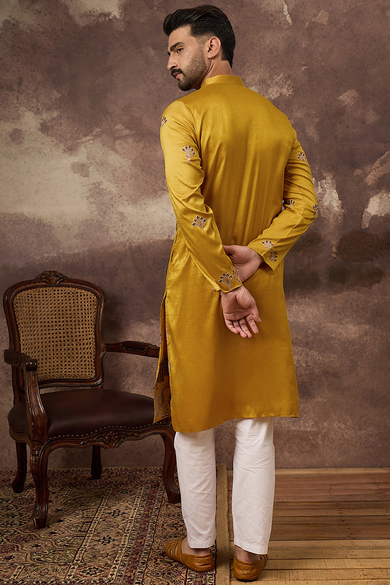 Yellow Silk Blend Solid Embroidered Straight Kurta and Trouser MKSET1328