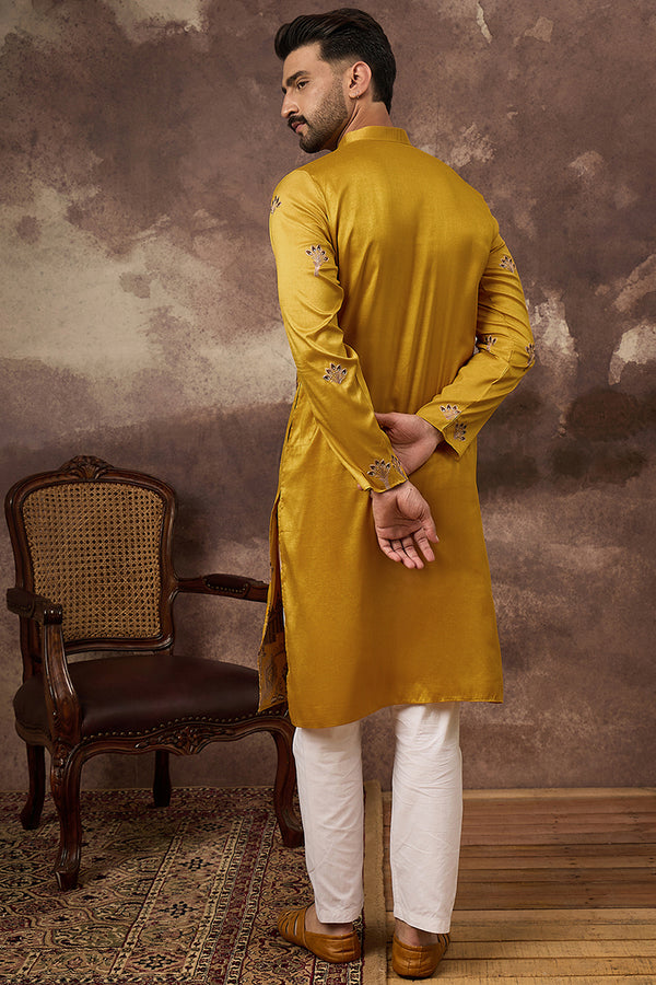 Yellow Silk Blend Solid Embroidered Straight Kurta and Trouser MKSET1328
