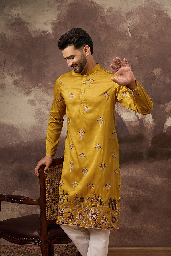 Yellow Silk Blend Solid Embroidered Straight Kurta and Trouser MKSET1328