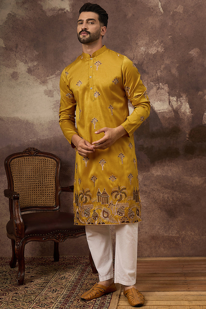 Yellow Silk Blend Solid Embroidered Straight Kurta and Trouser MKSET1328