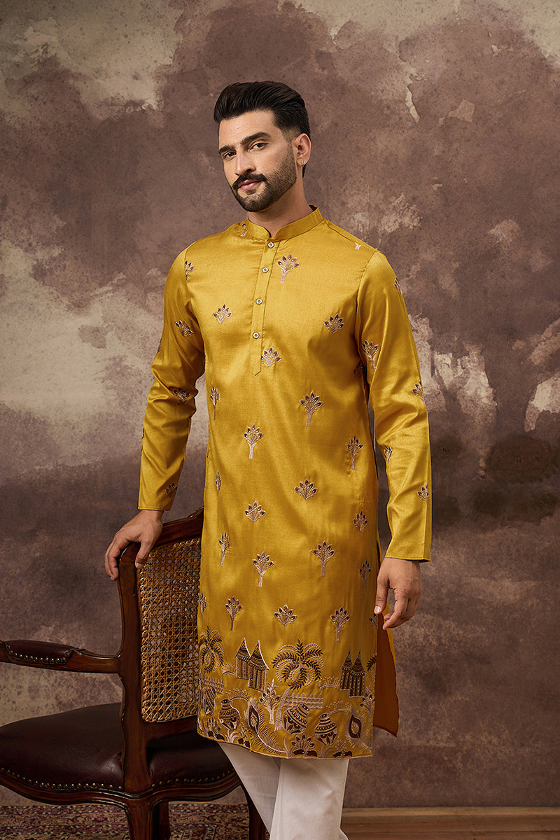 Yellow Silk Blend Solid Embroidered Straight Kurta and Trouser MKSET1328