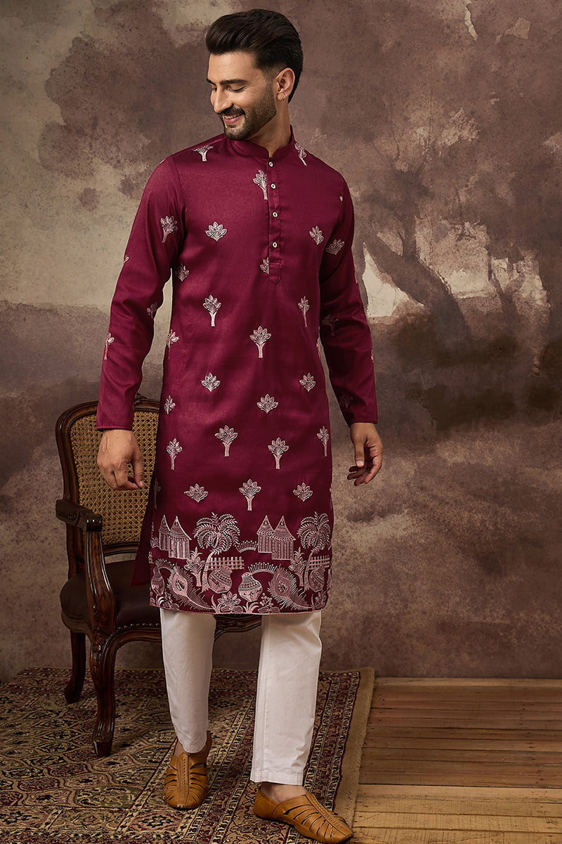 Maroon Silk Blend Solid Embroidered Straight Kurta and Trouser MKSET1329