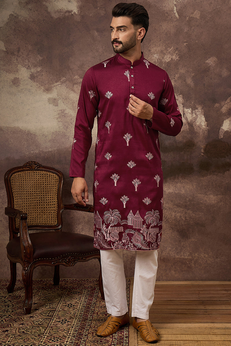 Maroon Silk Blend Solid Embroidered Straight Kurta and Trouser MKSET1329