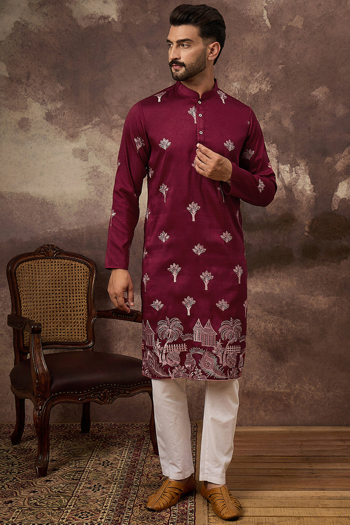 Maroon Silk Blend Solid Embroidered Straight Kurta and Trouser MKSET1329