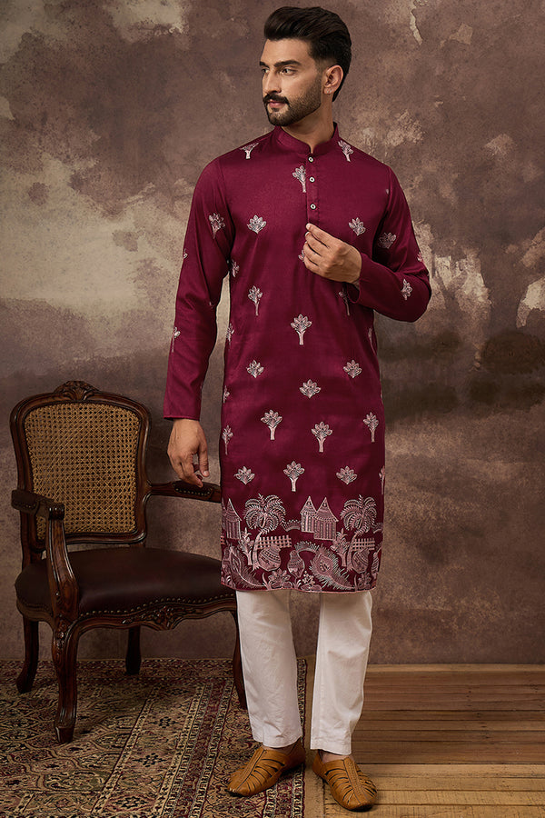 Maroon Silk Blend Solid Embroidered Straight Kurta and Trouser MKSET1329