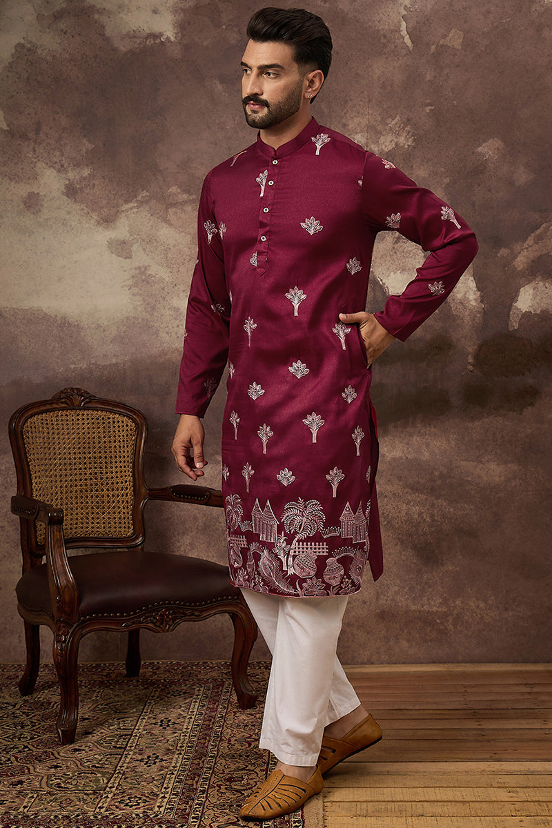 Maroon Silk Blend Solid Embroidered Straight Kurta and Trouser MKSET1329