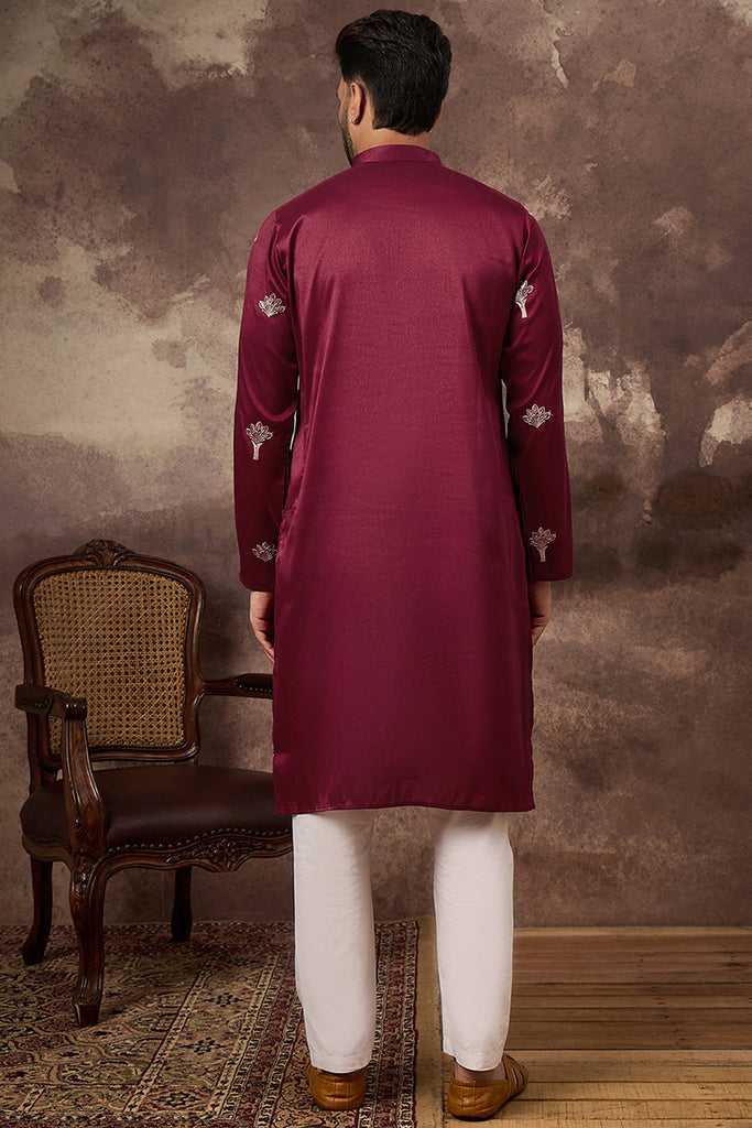 Maroon Silk Blend Solid Embroidered Straight Kurta and Trouser MKSET1329