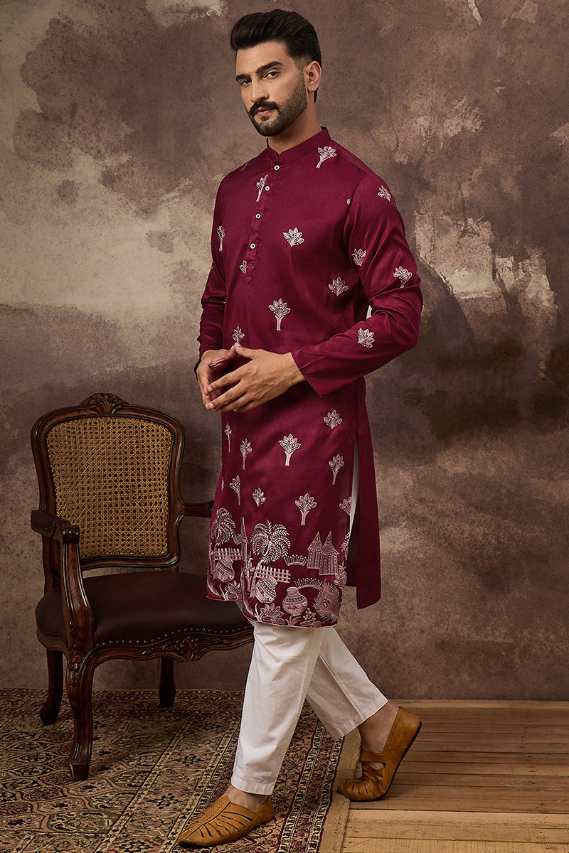 Maroon Silk Blend Solid Embroidered Straight Kurta and Trouser MKSET1329