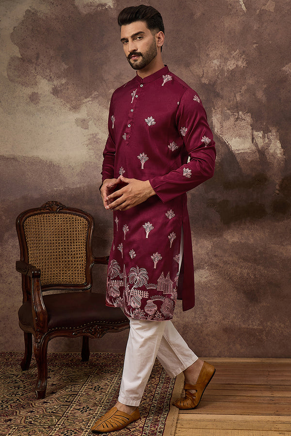 Maroon Silk Blend Solid Embroidered Straight Kurta and Trouser MKSET1329