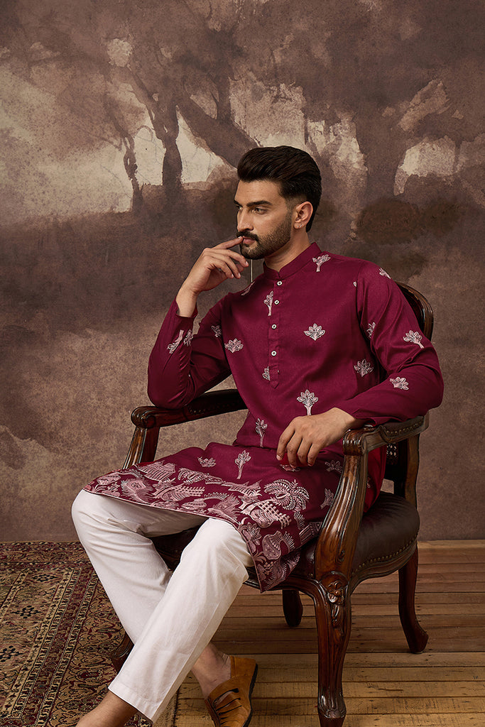 Maroon Silk Blend Solid Embroidered Straight Kurta and Trouser MKSET1329