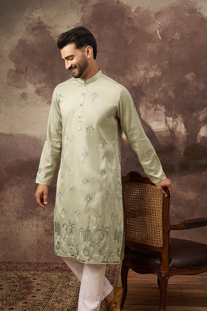 Green Silk Blend Solid Embroidered Straight Kurta and Trouser MKSET1330