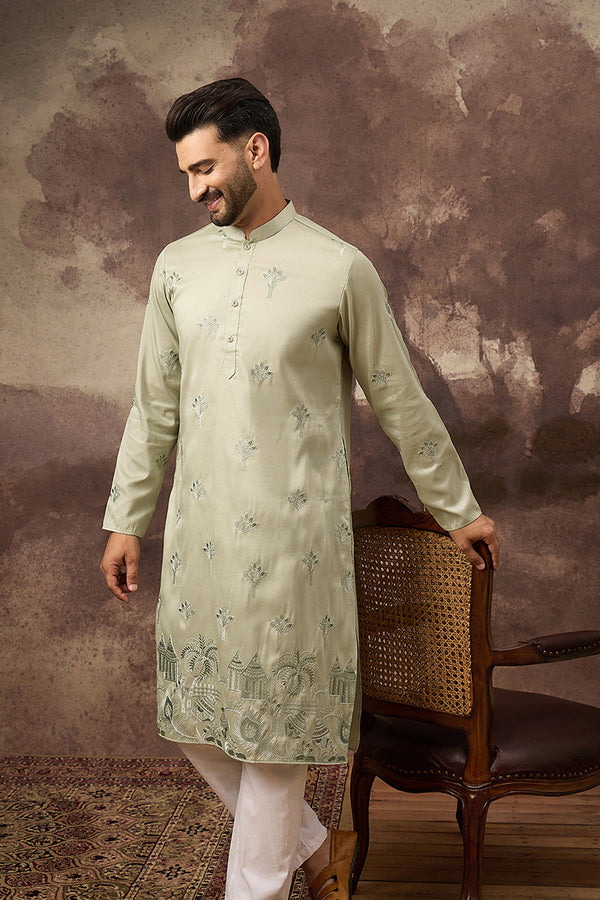 Green Silk Blend Solid Embroidered Straight Kurta and Trouser MKSET1330