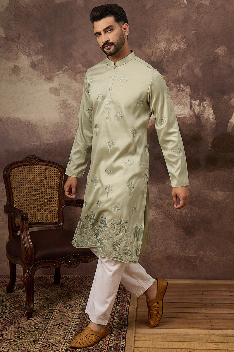 Green Silk Blend Solid Embroidered Straight Kurta and Trouser MKSET1330