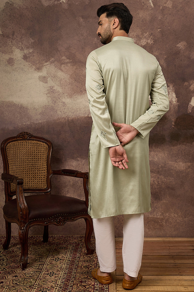 Green Silk Blend Solid Embroidered Straight Kurta and Trouser MKSET1330