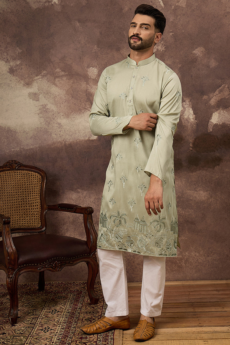 Green Silk Blend Solid Embroidered Straight Kurta and Trouser MKSET1330