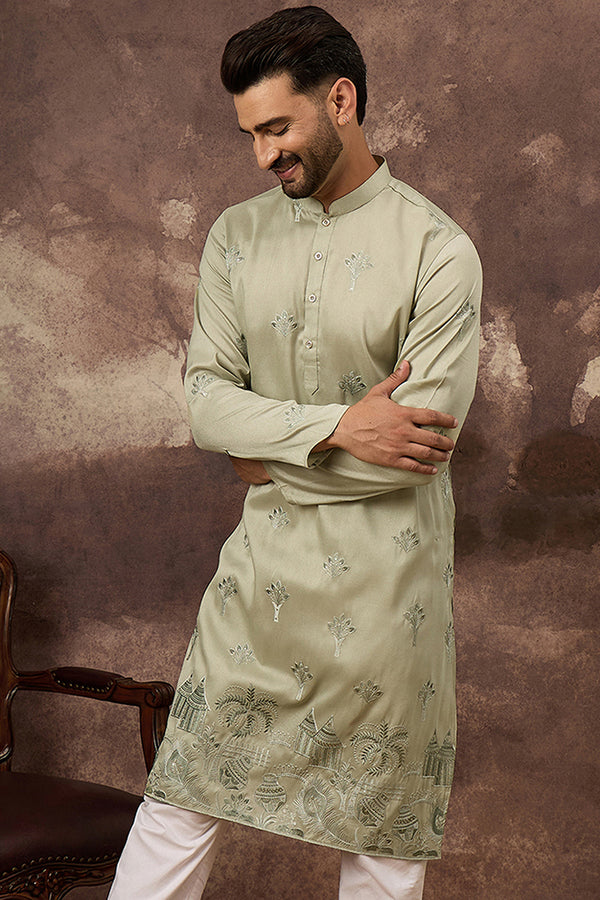 Green Silk Blend Solid Embroidered Straight Kurta and Trouser MKSET1330