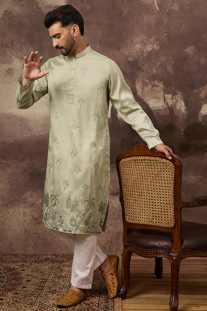 Green Silk Blend Solid Embroidered Straight Kurta and Trouser MKSET1330