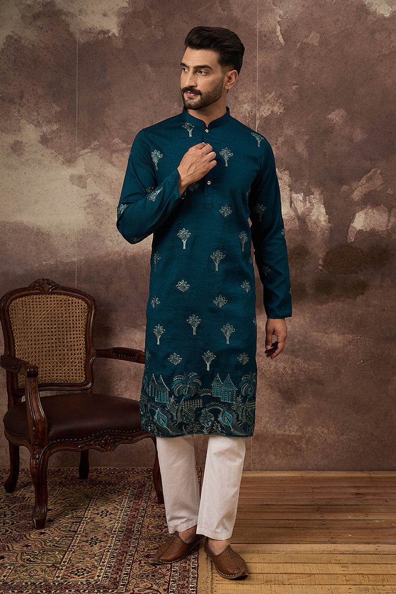 Blue Silk Blend Solid Embroidered Straight Kurta and Trouser MKSET1331