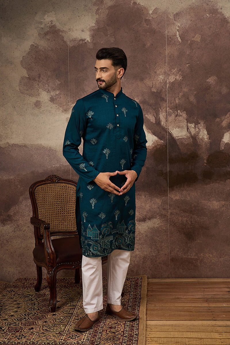 Blue Silk Blend Solid Embroidered Straight Kurta and Trouser MKSET1331