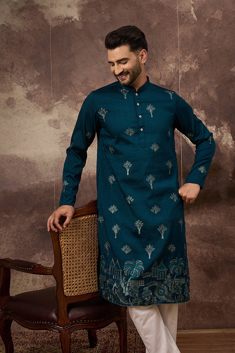 Blue Silk Blend Solid Embroidered Straight Kurta and Trouser MKSET1331