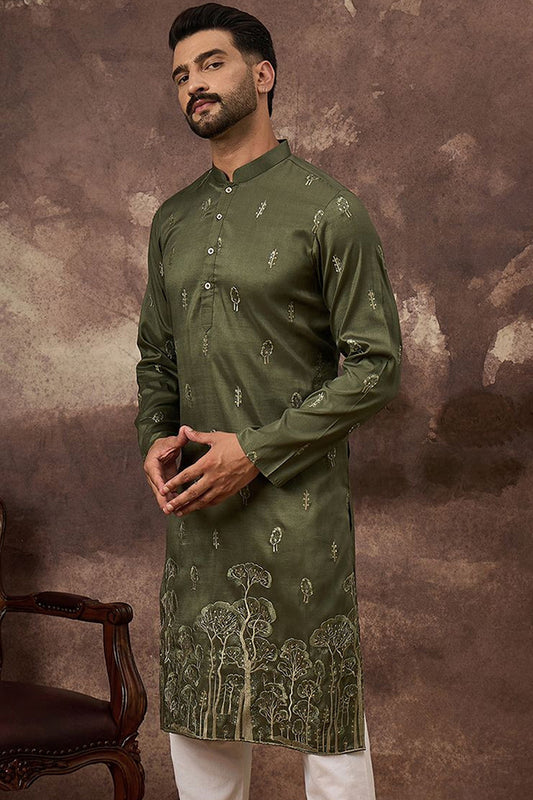 Green Silk Blend Solid Embroidered Straight Kurta and Trouser MKSET1332