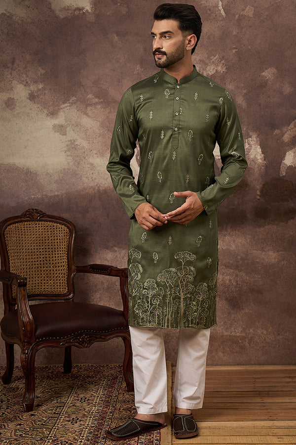 Green Silk Blend Solid Embroidered Straight Kurta and Trouser MKSET1332