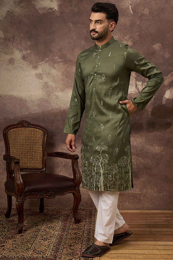 Green Silk Blend Solid Embroidered Straight Kurta and Trouser MKSET1332