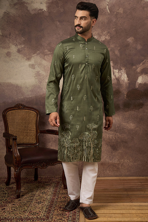 Green Silk Blend Solid Embroidered Straight Kurta and Trouser MKSET1332