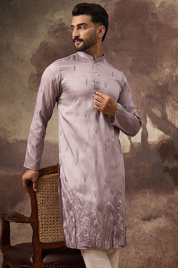 Lavender Silk Blend Solid Embroidered Straight Kurta and Trouser MKSET1333