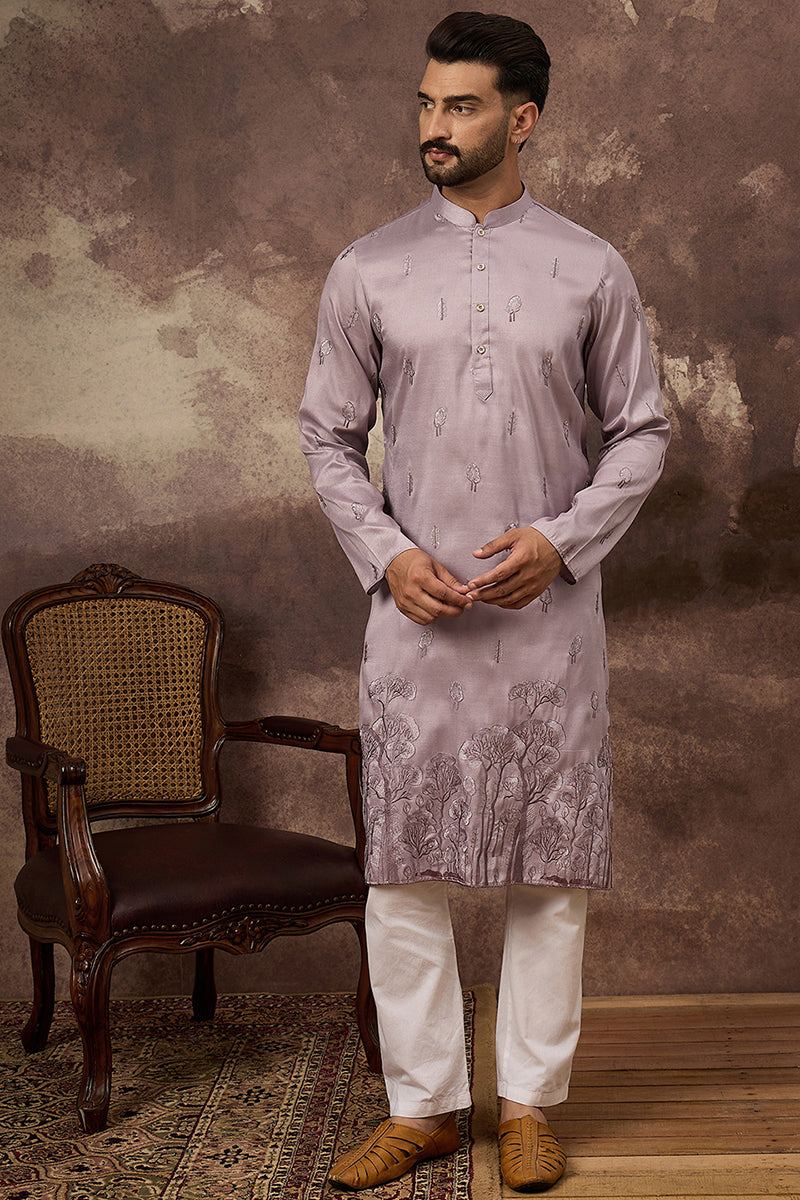 Lavender Silk Blend Solid Embroidered Straight Kurta and Trouser MKSET1333