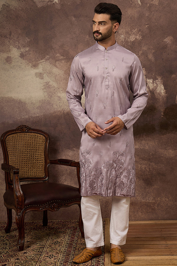Lavender Silk Blend Solid Embroidered Straight Kurta and Trouser MKSET1333