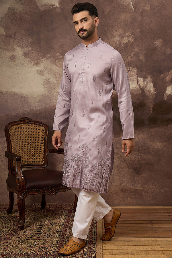 Lavender Silk Blend Solid Embroidered Straight Kurta and Trouser MKSET1333